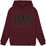 Unisex burgundy Pine Dusk Hoodie by Arvenzo, front view showing a cozy, casual hoodie with a drawstring hood and soft fabric.