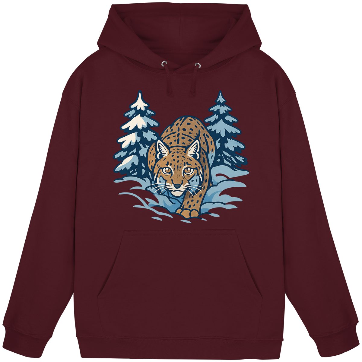 Front view of burgundy Arvenzo Snow Lynx hoodie, unisex design with a cozy fit and minimalist style.