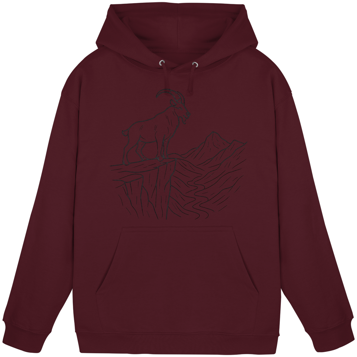 Unisex burgundy Cliff Edge Hoodie by Arvenzo, front view showing classic hoodie design with a hood and front pocket.