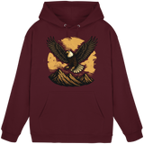 Front view of burgundy Iron Wing hoodie by Arvenzo, featuring a basic unisex design with a hood and front pocket.