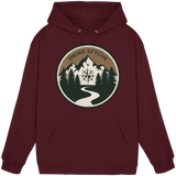 Front view of burgundy Arvenzo Trail Crest unisex hoodie with a simple design and relaxed fit.