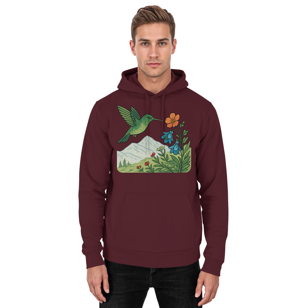 Front view of burgundy Arvenzo Bloom Wing hoodie, unisex casual hoodie with a simple design and comfortable fit.