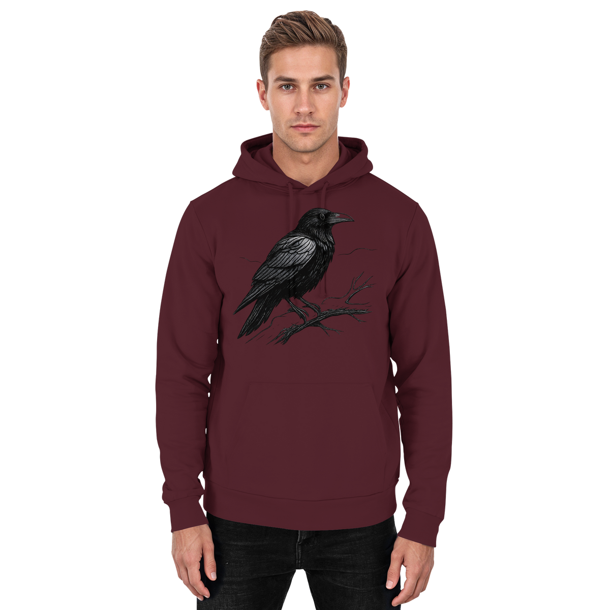 Unisex burgundy hoodie from Arvenzo with a front view, featuring a classic design and soft fabric for casual wear.