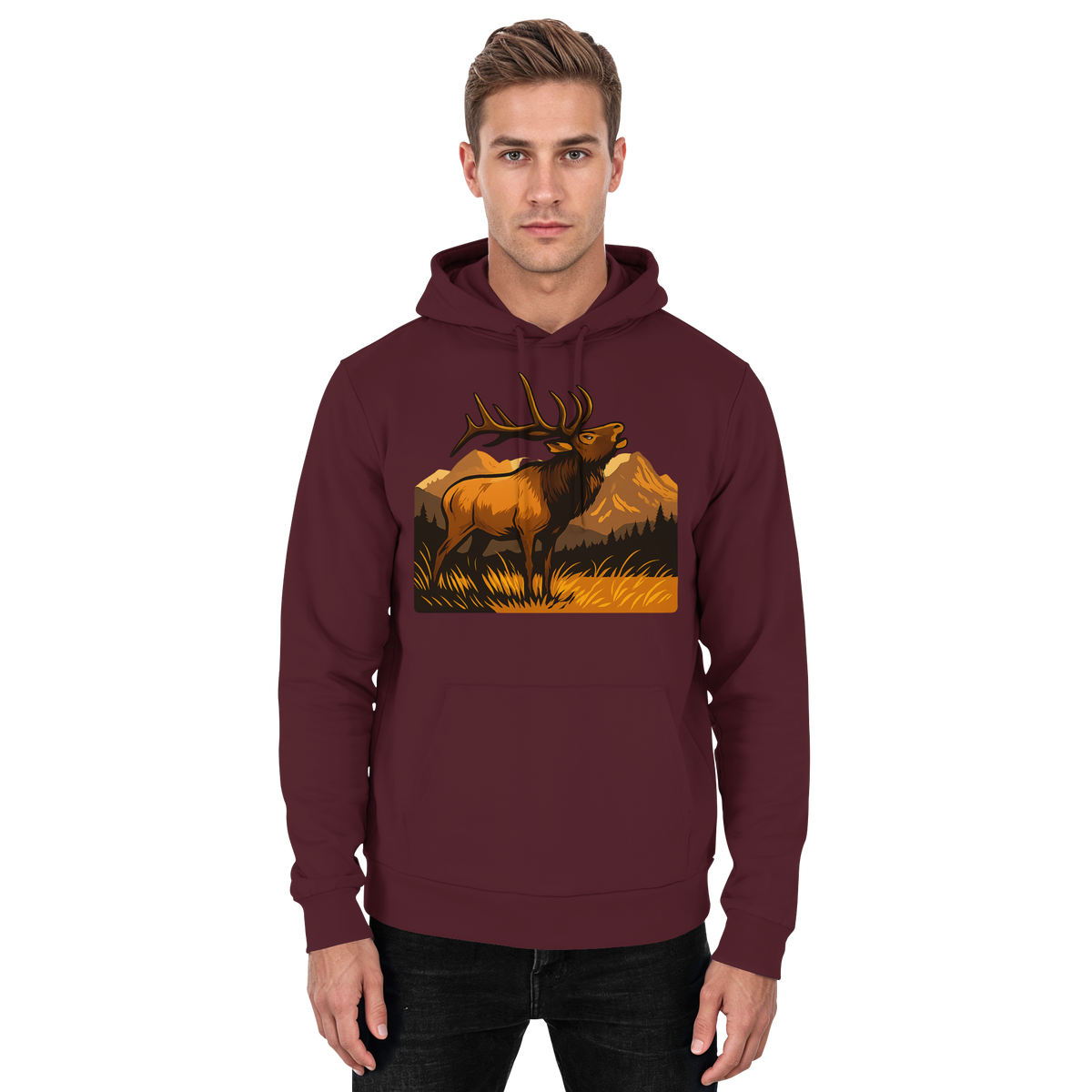 Unisex burgundy Elk Meadow Hoodie by Arvenzo, front view showing a comfortable casual hoodie with a front pocket.