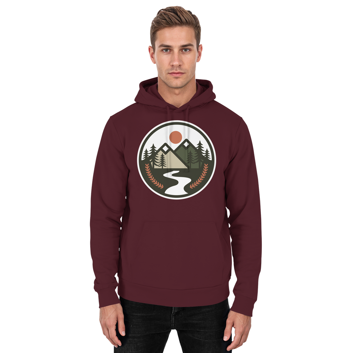 Front view of burgundy Arvenzo Open Ground unisex hoodie with a simple design and comfortable fit.