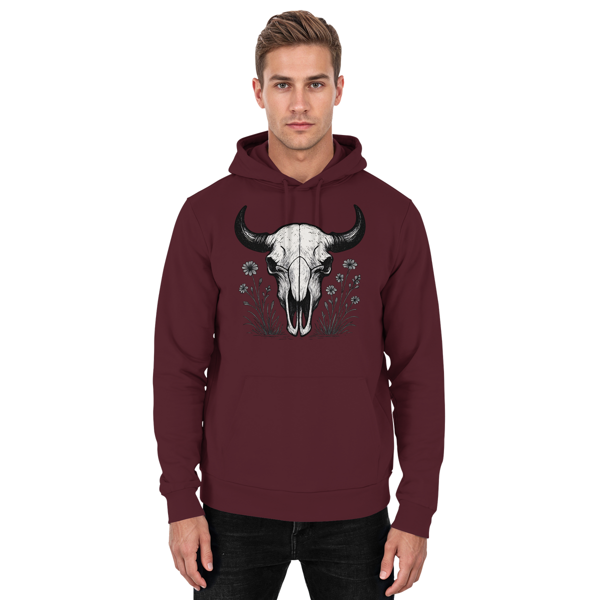 Unisex burgundy hoodie with a bison skull graphic on the front, made by Arvenzo, casual and comfortable apparel.