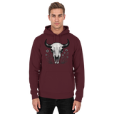 Unisex burgundy hoodie with a bison skull graphic on the front, made by Arvenzo, casual and comfortable apparel.