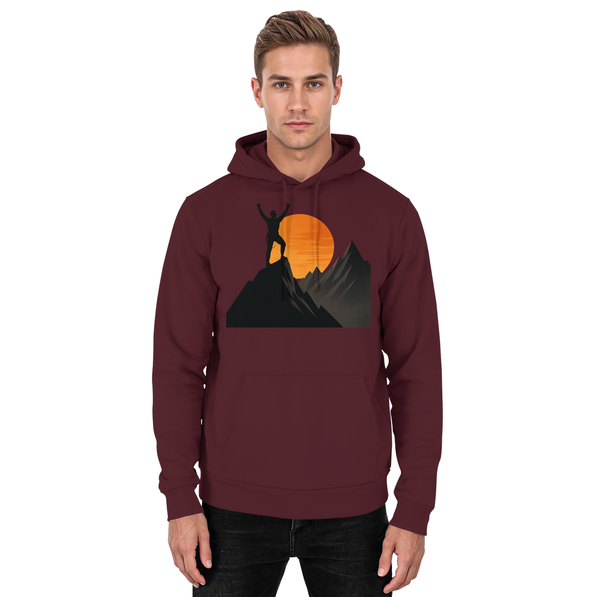 Front view of Arvenzo Bold Ascent unisex burgundy hoodie, featuring a simple design and comfortable fit.