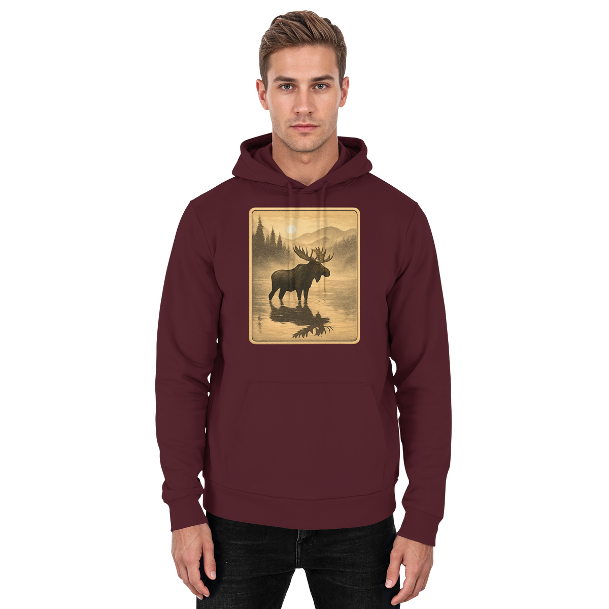 Front view of a burgundy unisex Calm Shore hoodie by Arvenzo, featuring a casual fit and soft fabric.