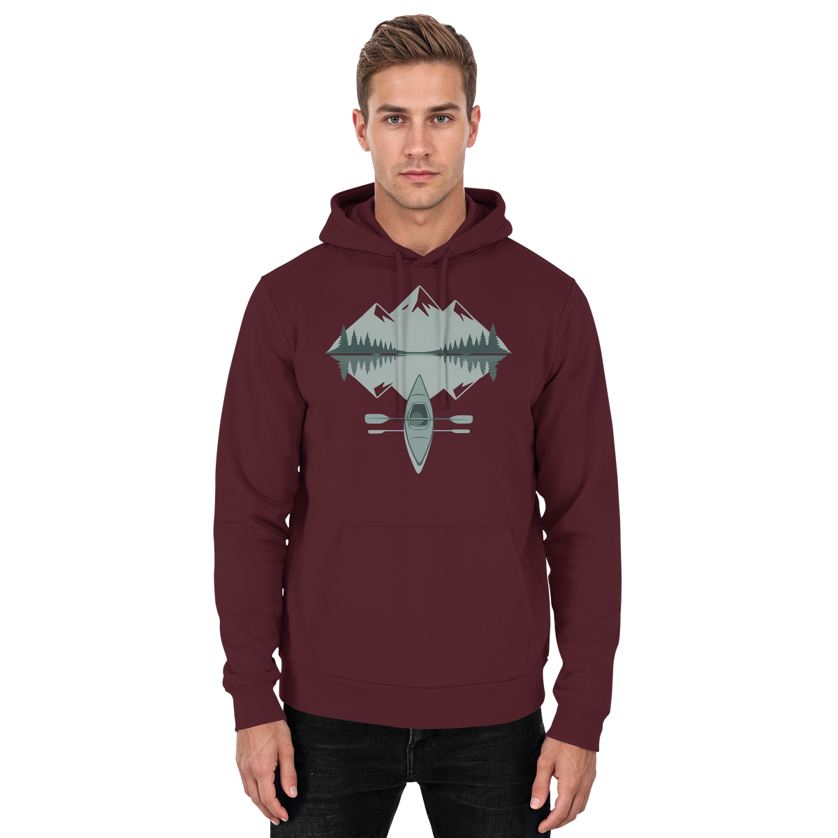 Front view of a burgundy Arvenzo Mirror Lake hoodie, unisex design with a casual fit and soft fabric.