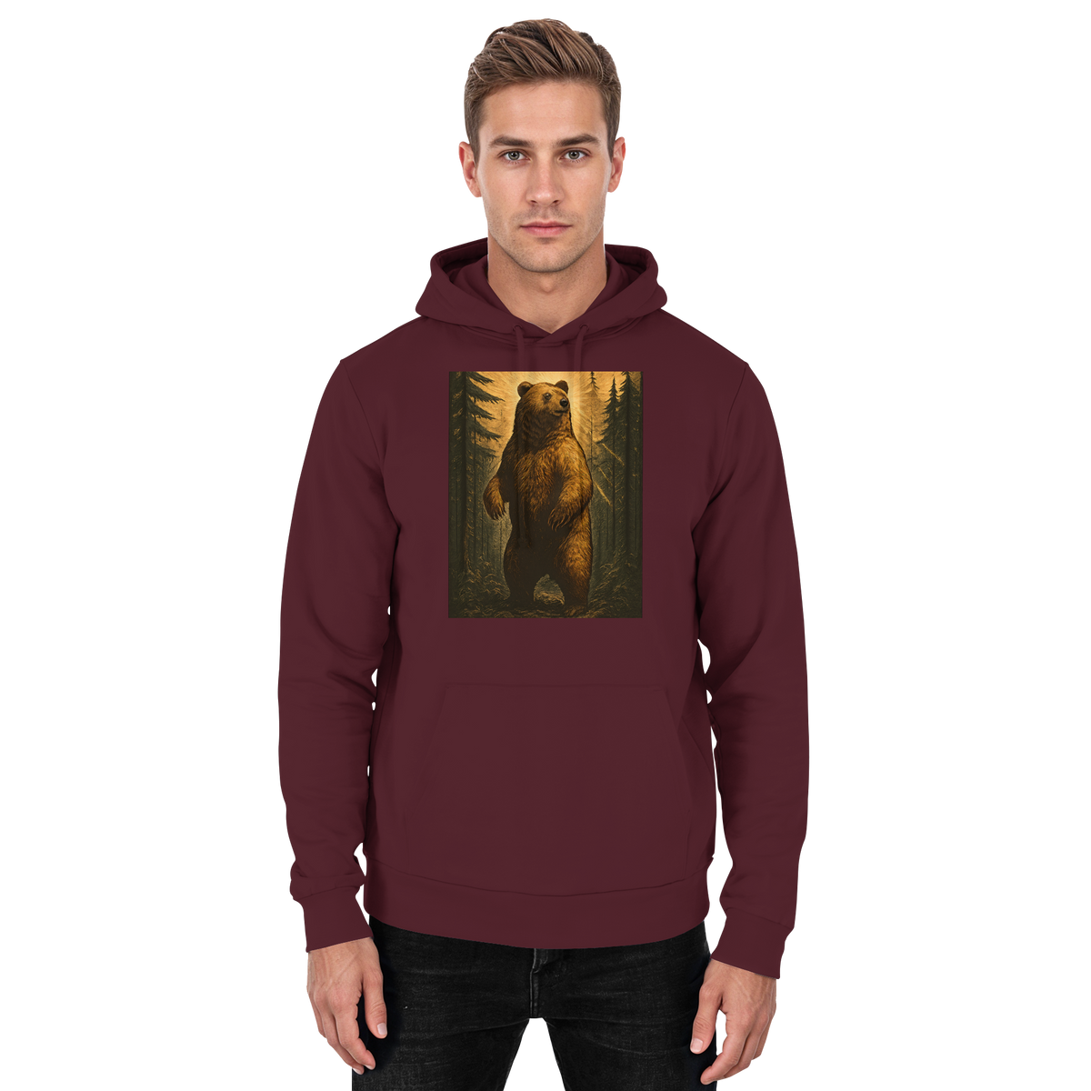 Unisex burgundy Arvenzo Deep Timber hoodie with front design, soft fabric, and relaxed fit, shown from the front view.