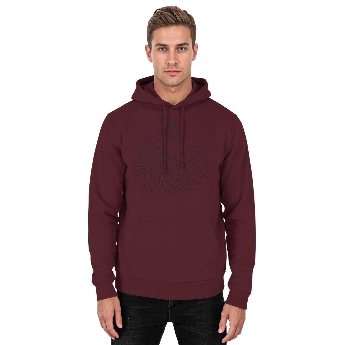 Front view of Arvenzo Cliff Edge unisex burgundy hoodie with a basic design and drawstring hood.