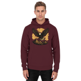 Front view of burgundy Arvenzo Iron Wing hoodie, a unisex casual hoodie with a minimalist design and iron wing graphic.