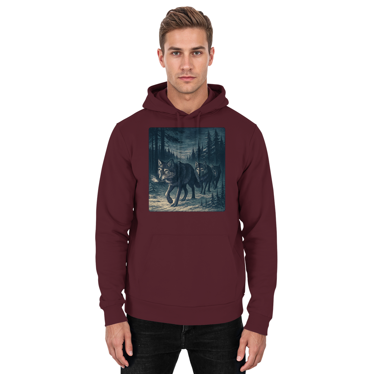 Front view of a burgundy unisex North Hoodie by Arvenzo, featuring a basic design and soft fabric.