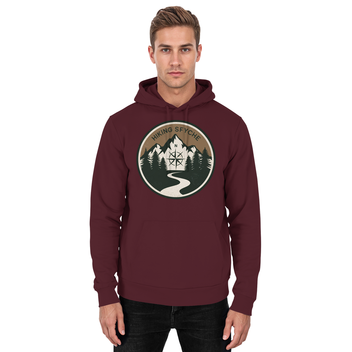 Front view of Arvenzo Trail Crest unisex burgundy hoodie, showcasing a basic design with a comfortable fit and soft fabric.