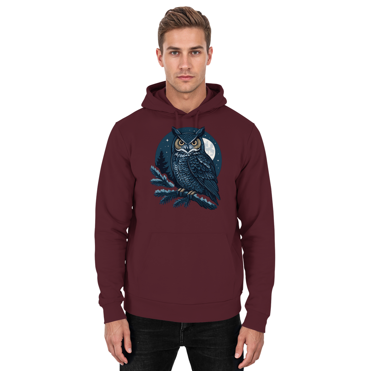 Front view of burgundy Arvenzo Night Watch hoodie, unisex hoodie with a simple design and comfortable fit.