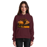 Front view of burgundy Arvenzo Elk Meadow unisex hoodie with a simple design and front pocket.