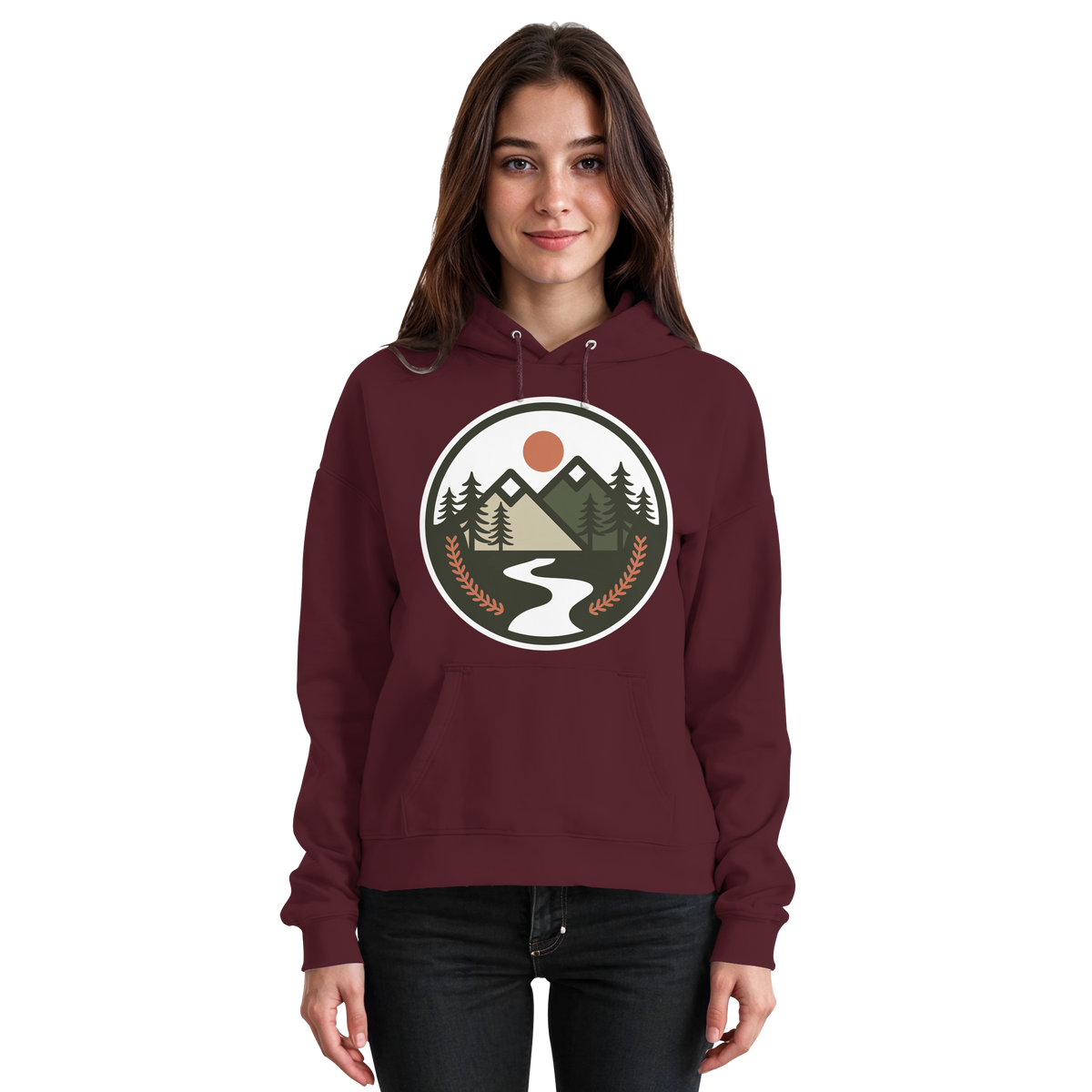 Front view of Arvenzo Open Ground unisex burgundy hoodie with a classic fit and simple design.