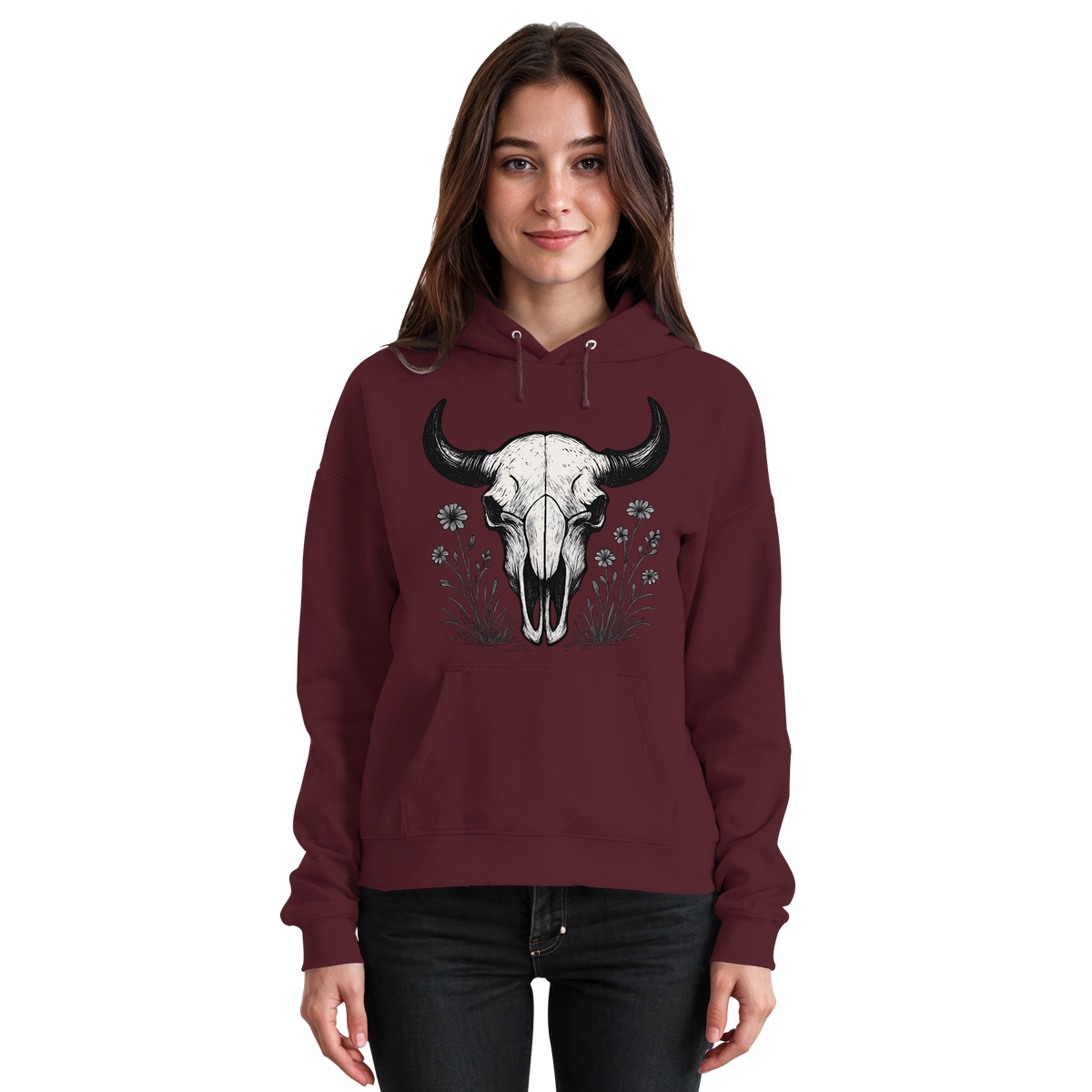 Unisex burgundy hoodie with bison skull graphic on front, Arvenzo brand, casual streetwear style.