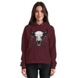 Unisex burgundy hoodie with bison skull graphic on front, Arvenzo brand, casual streetwear style.