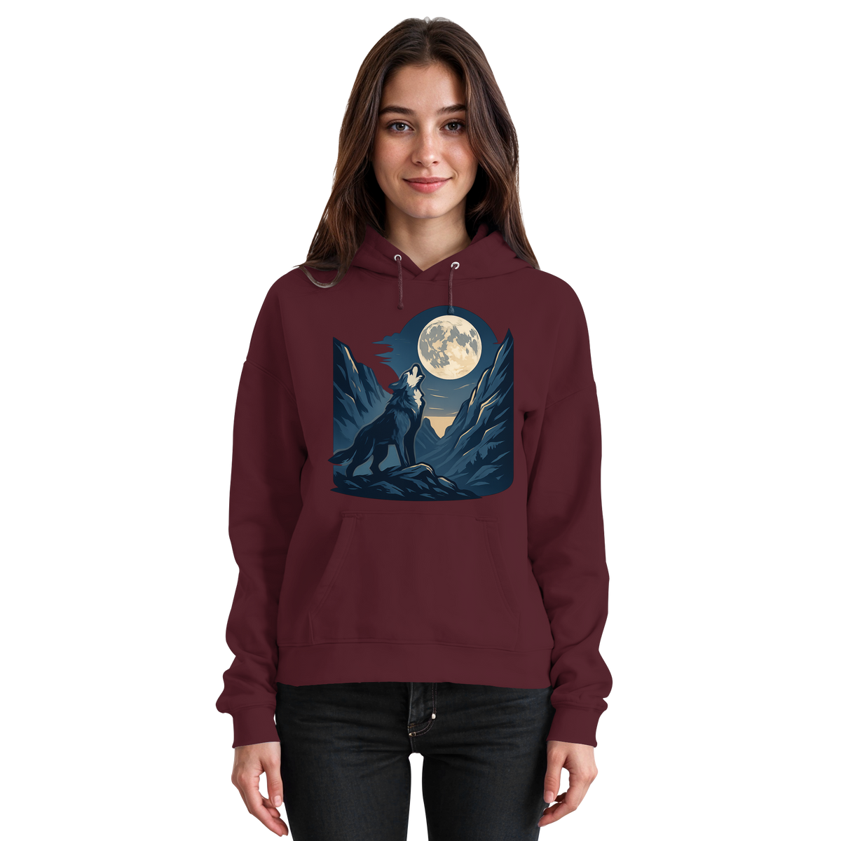Front view of Arvenzo Silver Howl hoodie in burgundy, unisex casual hoodie with a simple design and front pocket.