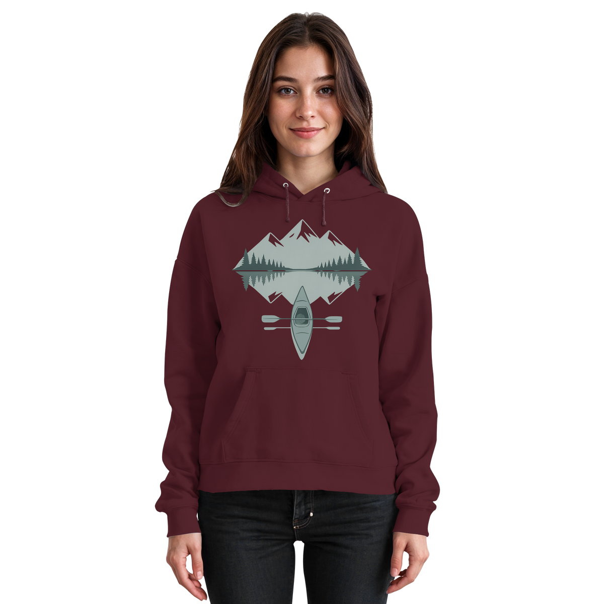 Front view of a unisex burgundy Arvenzo Mirror Lake Hoodie with a simple design and a comfortable fit.