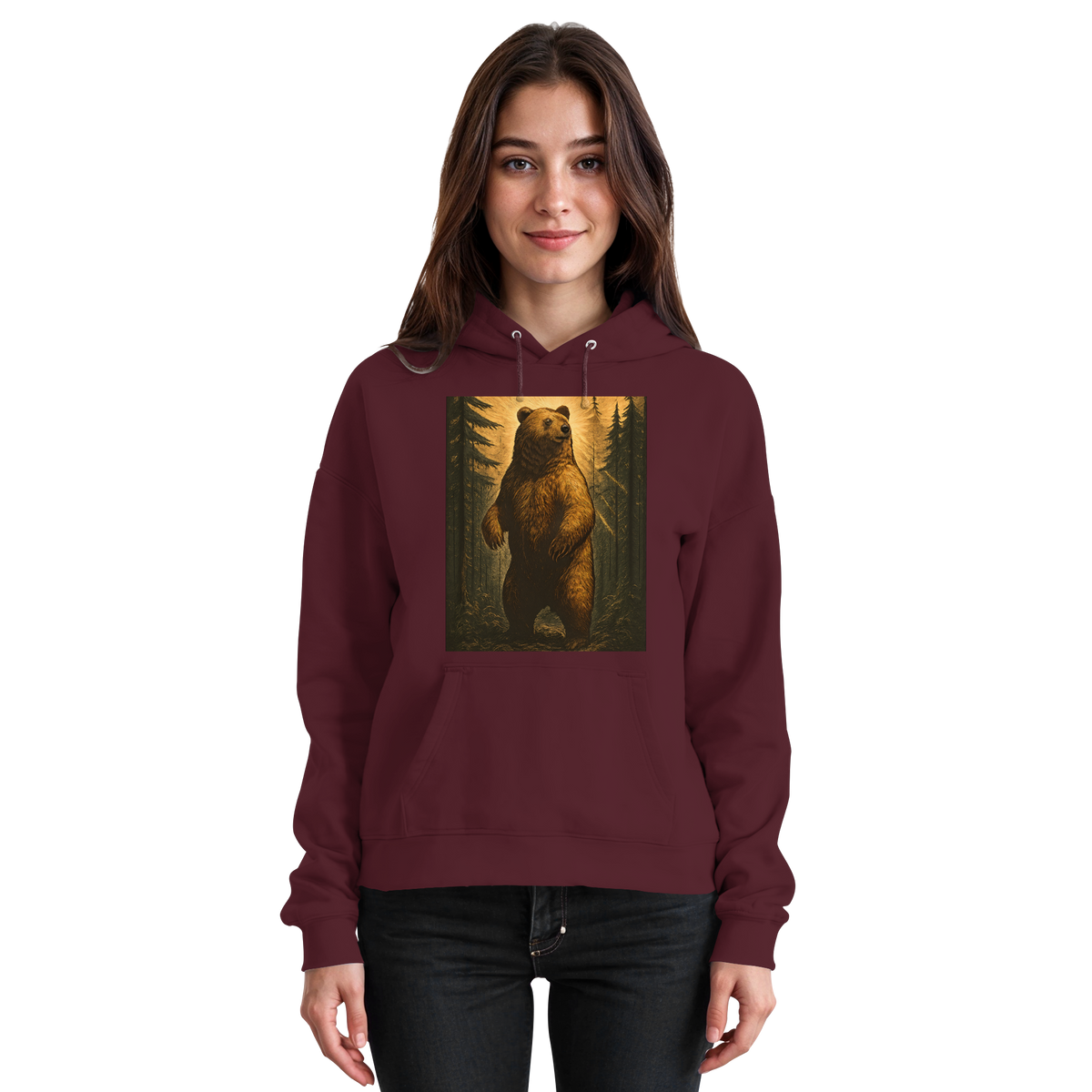 Unisex burgundy Arvenzo Deep Timber Hoodie with front pocket and hood, shown from the front view.