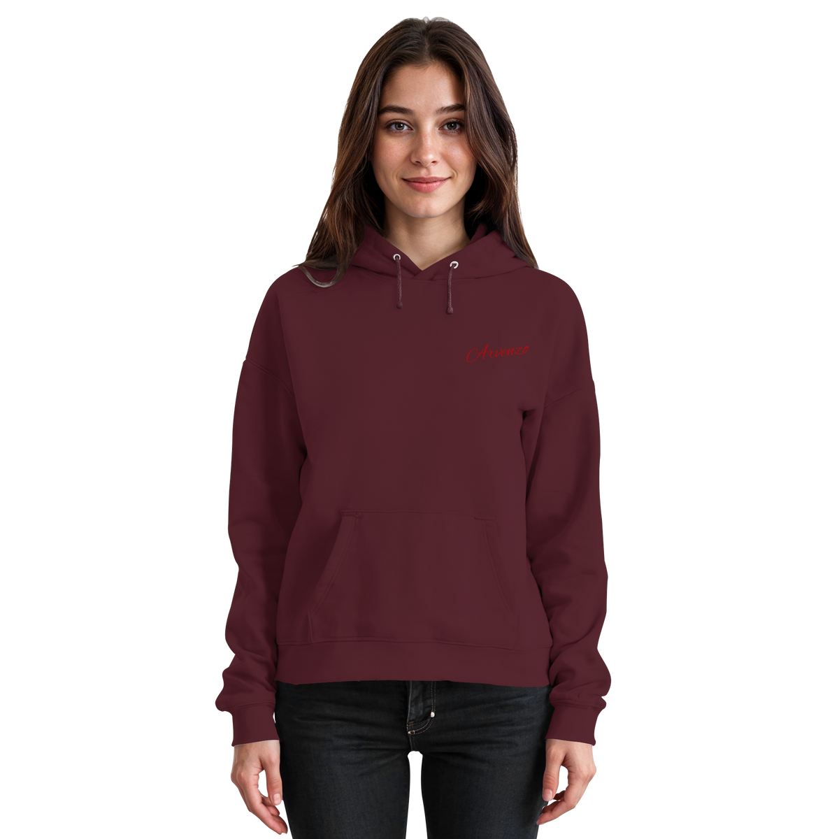 Front view of Arvenzo Pure Ground unisex burgundy hoodie, casual hoodie with a simple design and comfortable fit.