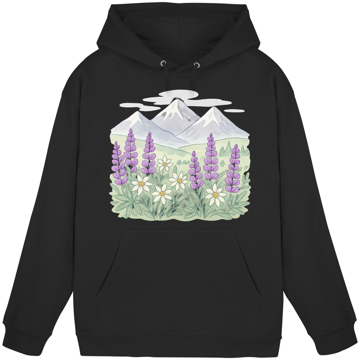 Black unisex Alpine Bloom hoodie by Arvenzo, featuring a front design with a cozy, casual fit and soft fabric.