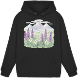 Black unisex Alpine Bloom hoodie by Arvenzo, featuring a front design with a cozy, casual fit and soft fabric.