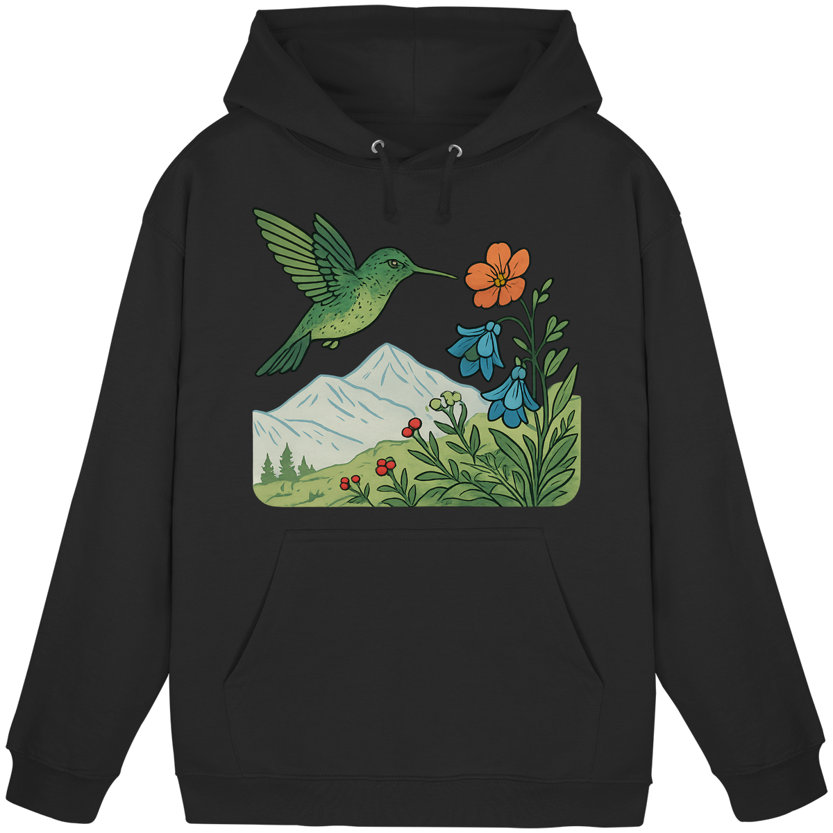 Black Arvenzo Bloom Wing Hoodie front view, unisex casual hoodie with a simple design and comfortable fit.