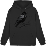 Front view of Arvenzo dark raven hoodie, a unisex black hoodie with a simple, classic design and a front pocket.