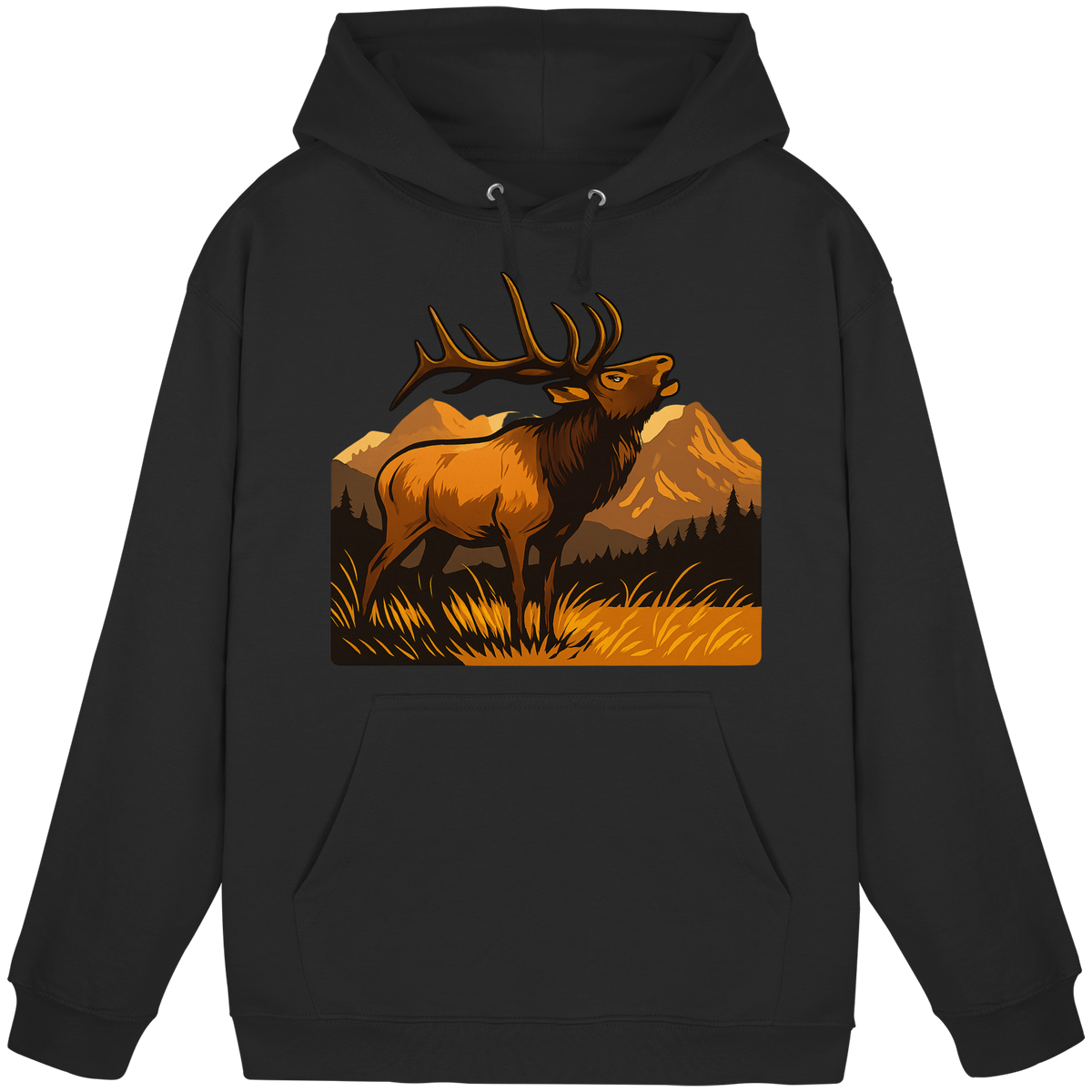 Front view of Arvenzo Elk Meadow Hoodie, a unisex deep black hoodie with a simple design and comfortable fit.