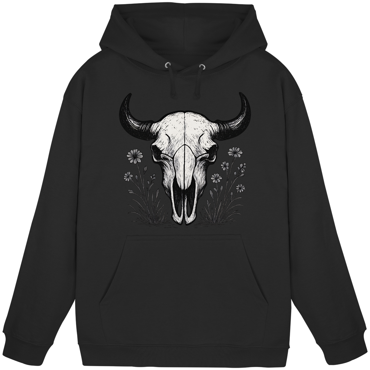 Black unisex hoodie with a bison skull graphic on the front, casual style from Arvenzo.