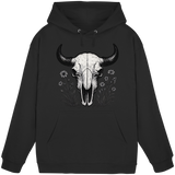 Black unisex hoodie with a bison skull graphic on the front, casual style from Arvenzo.