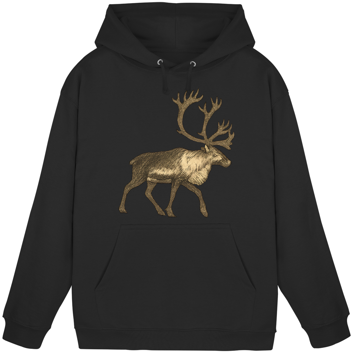 Front view of Arvenzo Tundra Walk unisex black hoodie, showcasing a simple, comfortable design with a hood and long sleeves.