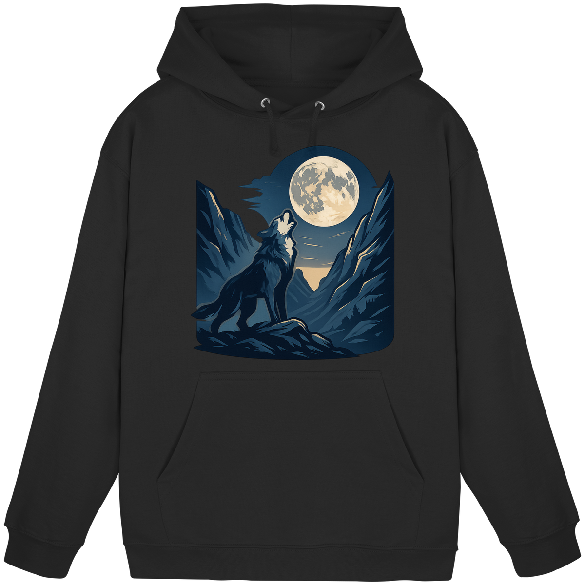 Front view of Arvenzo Silver Howl hoodie in deep black, unisex hoodie with a simple design and a front pocket.