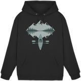 Front view of Arvenzo Mirror Lake Hoodie, a black unisex hoodie with a simple, classic design and a front pocket.