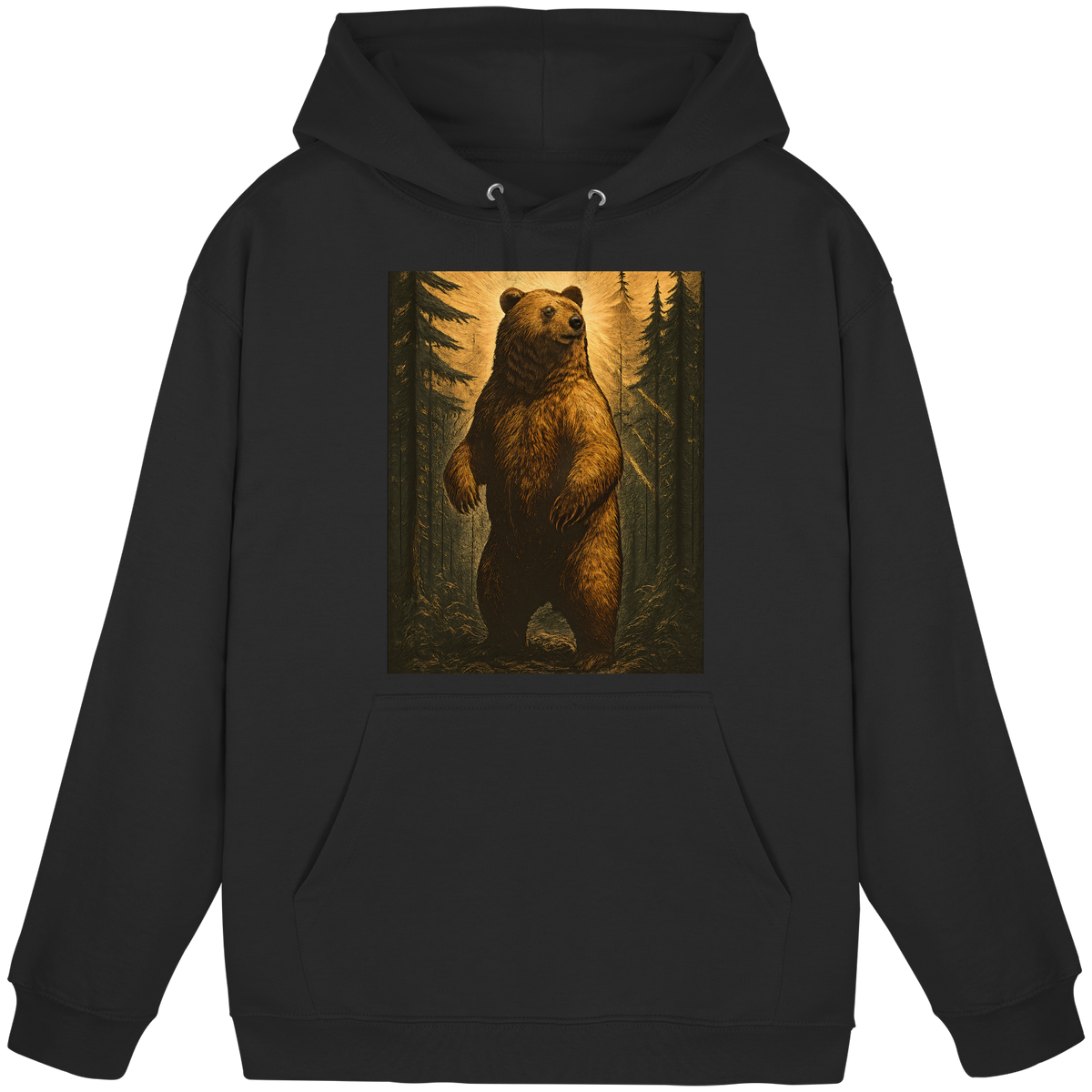 Front view of Arvenzo Deep Timber Hoodie in deep black, unisex hoodie with a comfortable fit and minimalist design.