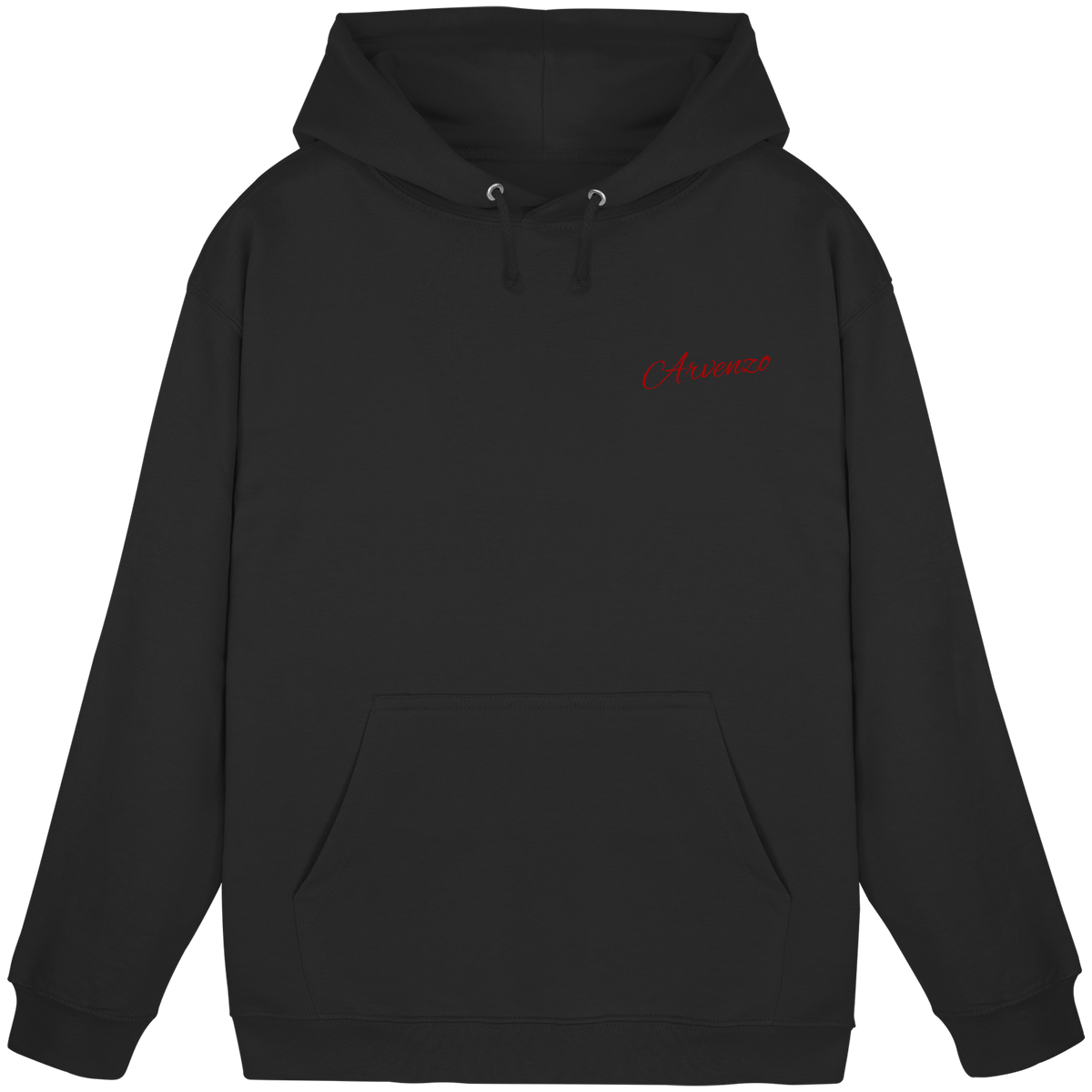 Front view of Arvenzo Pure Ground Hoodie, a unisex deep black hoodie with a simple, classic design.