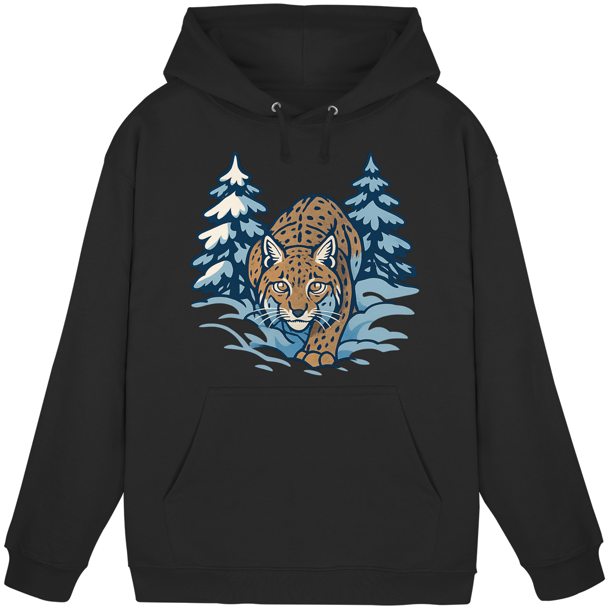 Front view of Arvenzo Snow Lynx Hoodie in deep black, unisex hoodie with a simple design and comfortable fit.