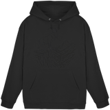 Black unisex Cliff Edge Hoodie by Arvenzo showing front view with a simple, classic design and hoodie with drawstrings.