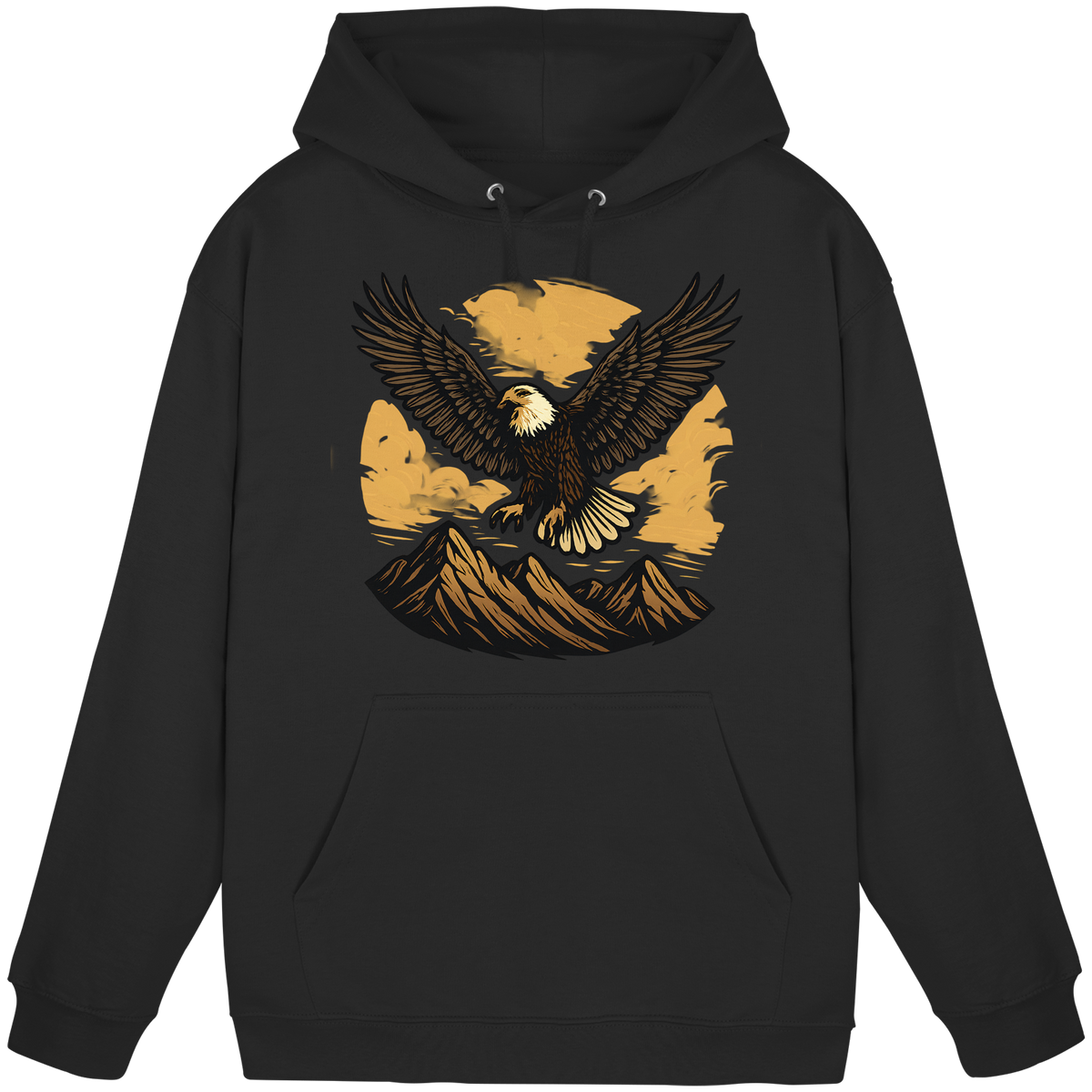 Front view of Arvenzo Iron Wing hoodie in deep black, unisex hoodie with a simple design and comfortable fit.