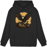 Front view of Arvenzo Iron Wing hoodie in deep black, unisex hoodie with a simple design and comfortable fit.