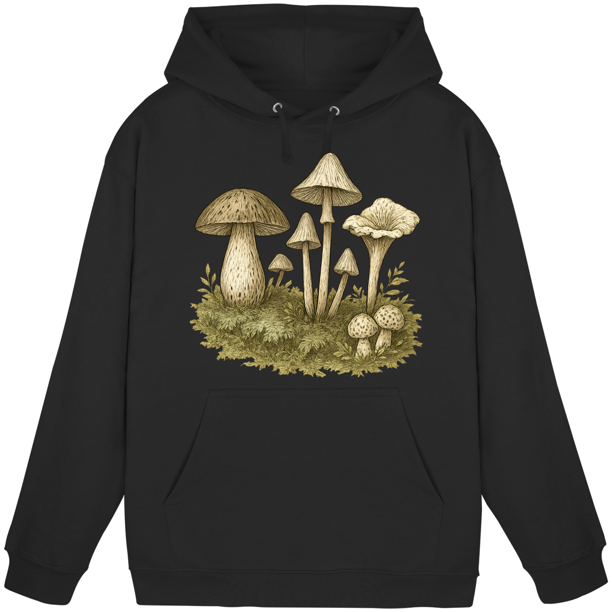 Front view of Arvenzo Forest Floor Hoodie in deep black, unisex hoodie with a simple design and comfortable fit.