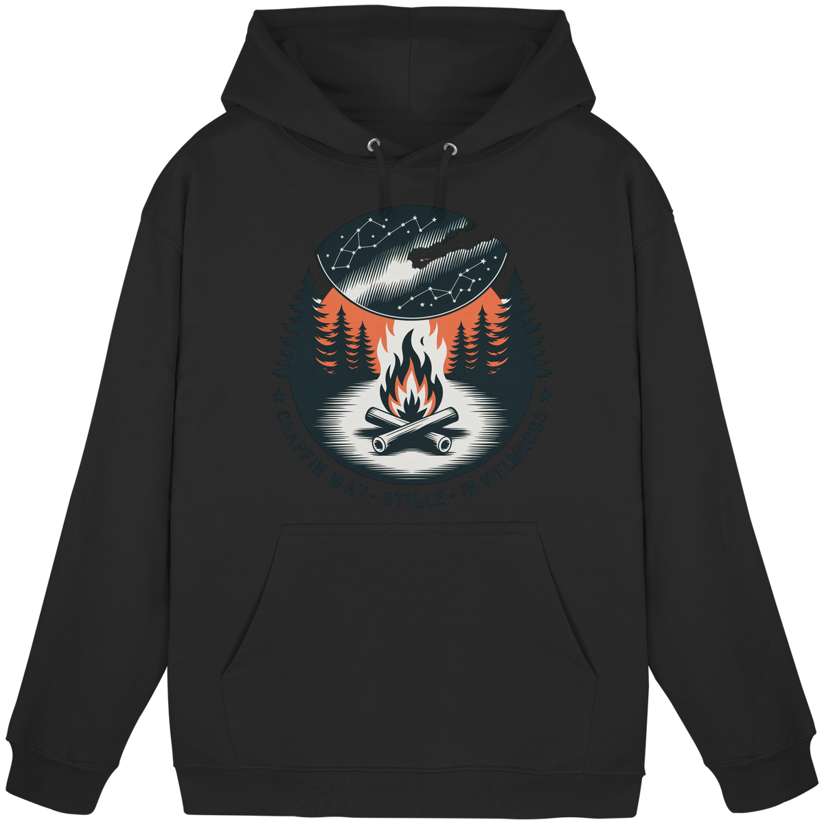 Front view of Arvenzo Star Map hoodie in deep black, unisex design with a star constellation graphic on the front.