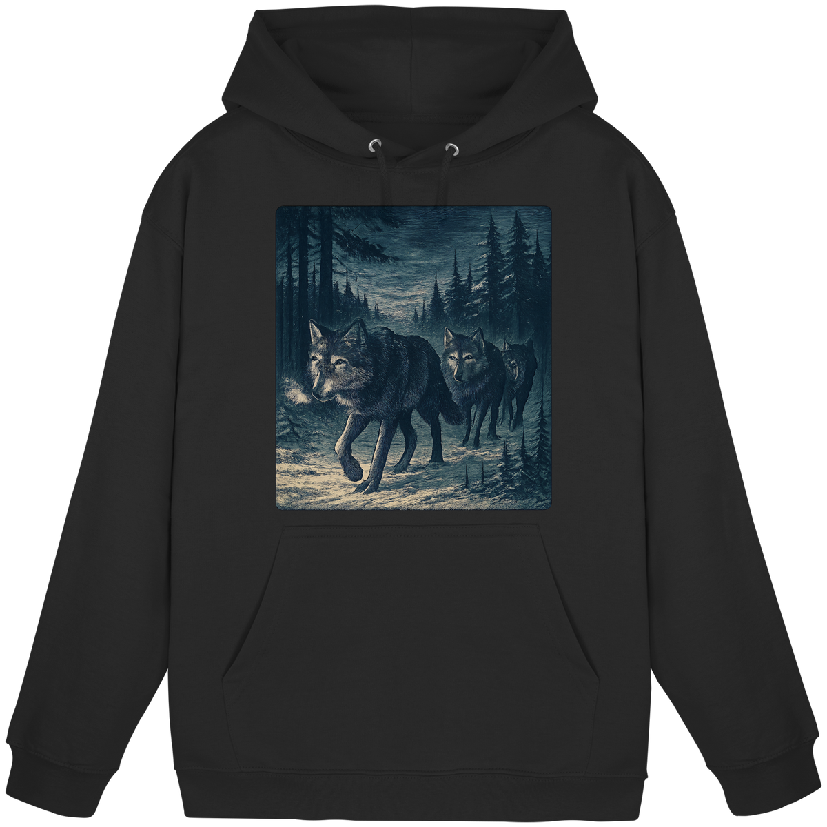 Arvenzo Pack North hoodie in deep black, unisex front view showing a simple, stylish hoodie with a drawstring hood and front pocket.