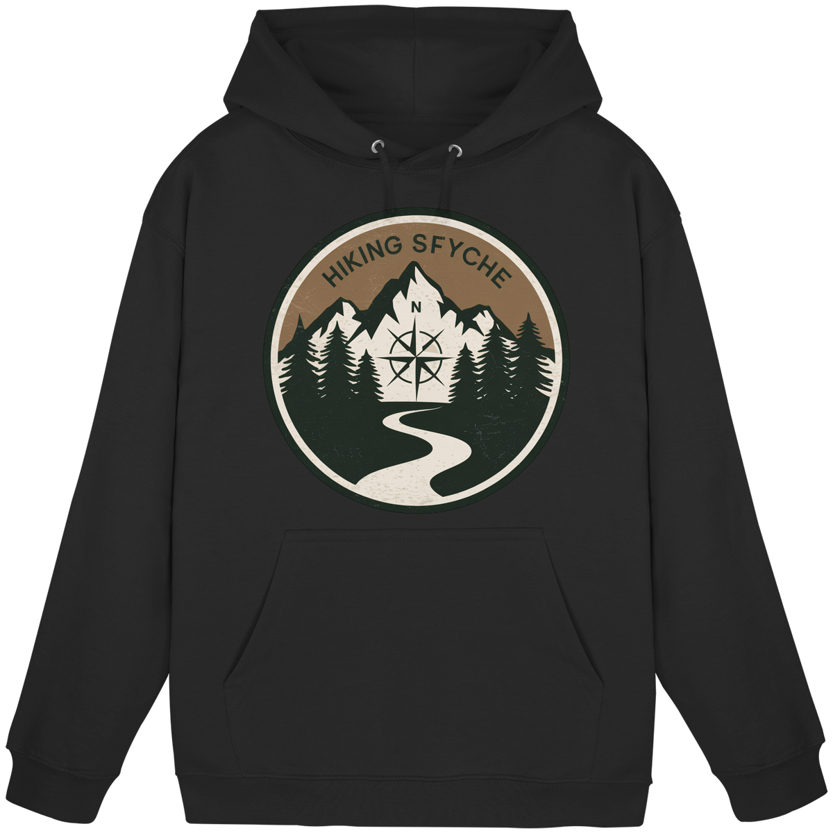 Black Arvenzo Trail Crest Hoodie, front view of a unisex casual hoodie with a simple design and front pocket.