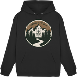 Black Arvenzo Trail Crest Hoodie, front view of a unisex casual hoodie with a simple design and front pocket.