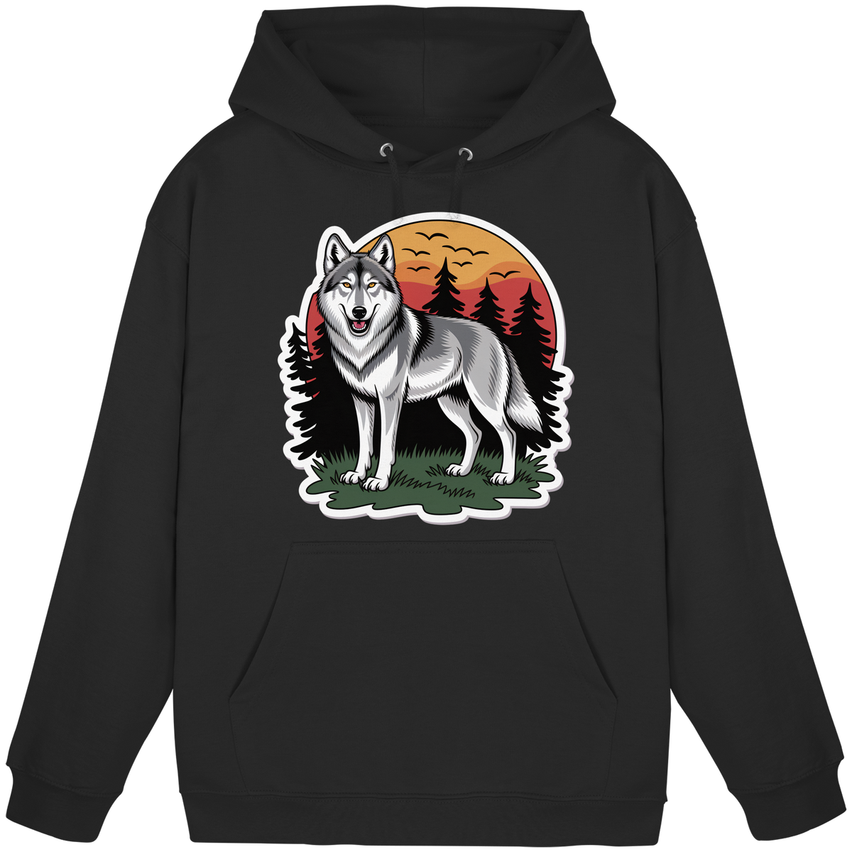 Front view of Arvenzo Lone Dusk unisex black hoodie with a simple, classic design and a drawstring hood.
